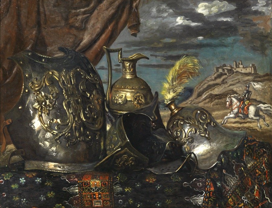 Giorgio de Chirico, Corazze con cavaliere o Natura morta ariostesca, 1940, olio su tela, 87×112 cm Giorgio de Chirico, Corazze con cavaliere o Natura morta ariostesca, 1940, olio su tela, 87x112 cm
