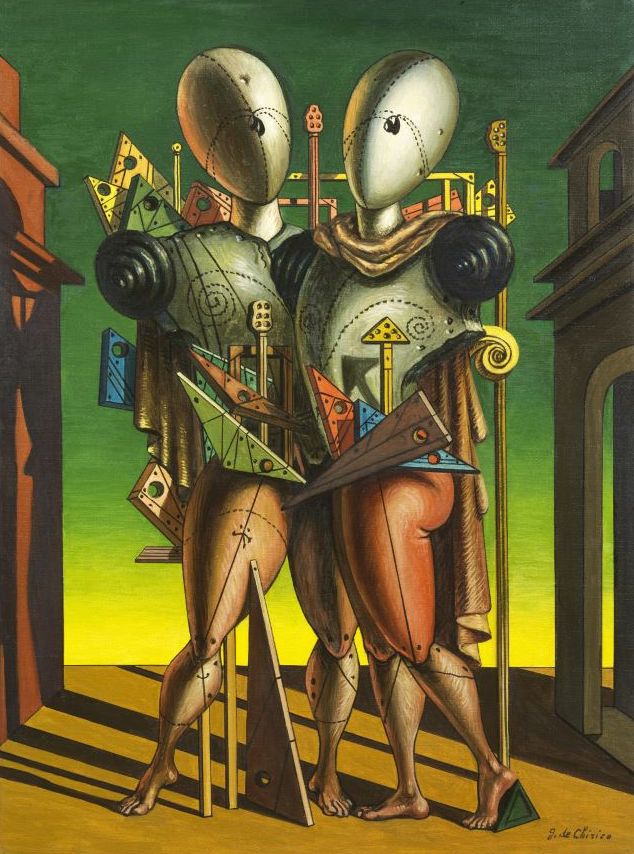 Giorgio de Chirico, Ettore e Andromaca, inizio anni ’60, olio su tela, 80×60 cm Giorgio de Chirico, Ettore e Andromaca, inizio anni '60, olio su tela, 80x60 cm