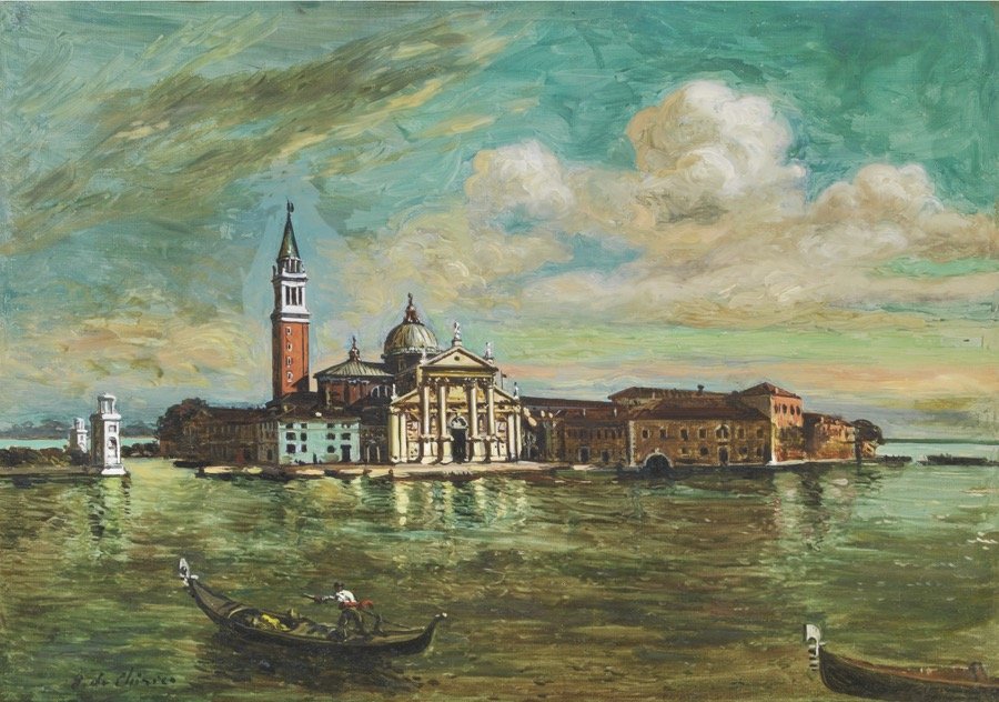 Giorgio de Chirico, Venezia (Isola di San Giorgio), metà anni ’50, olio su tela, 50×70 cm Giorgio de Chirico, Venezia (Isola di San Giorgio), metà anni '50, olio su tela, 50x70 cm