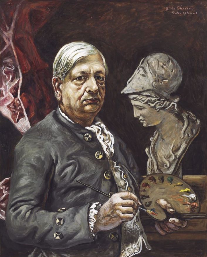 Giorgio de Chirico, Autoritratto come pittore in costume del Settecento, 1957 ca, olio su tela, 80×65 cm Giorgio de Chirico, Autoritratto come pittore in costume del Settecento, 1957 ca, olio su tela, 80x65 cm