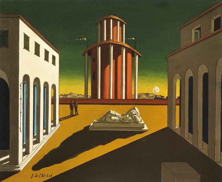 Giorgio de Chirico, Piazza d’Italia, anni ’50, olio su tela, 50×50 cm Giorgio de Chirico, Piazza d'Italia, anni '50, olio su tela, 50x50 cm