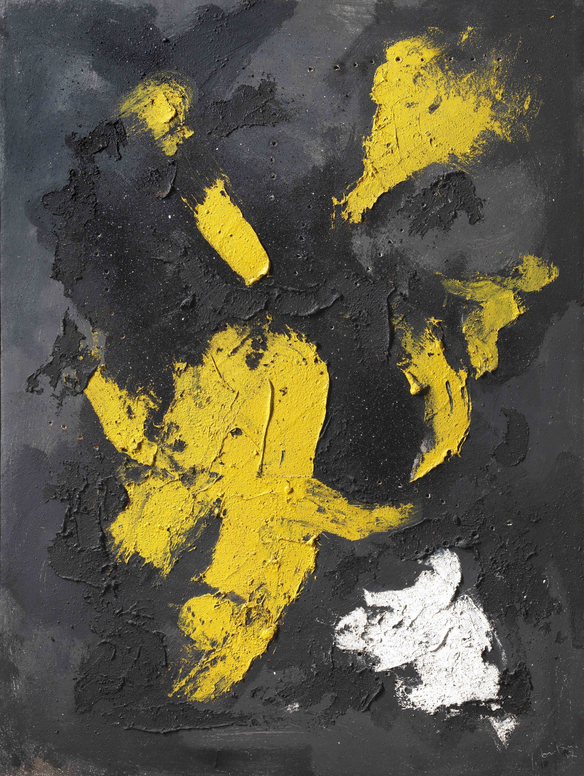 Lucio Fontana, Concetto spaziale, 1957, olio, tecnica mista e lustrini su tela, forme gialle e bianca su fondo nero, 130x96 cm
